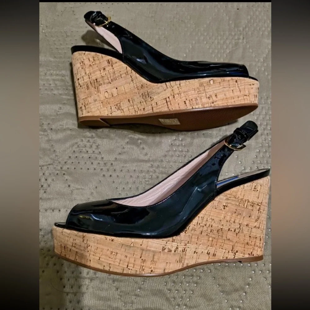 NEW Stuart Weitzman “Jean” Black Patent Leather Slingabck Cork Wedge - US 7.5 - Picture 4 of 8